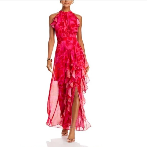 NWT AQUA Ruffle Chiffon Floral Maxi Formal Gown Fushia/Poppy 4 MSRP $258.00 - Picture 1 of 10